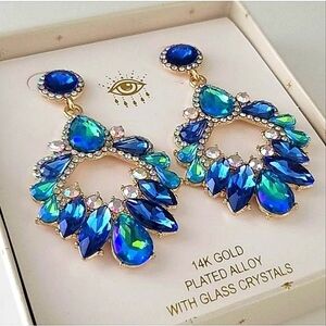 Eye Candy Earrings Luxe Blue Green Gold Plated Glass Crystals Earrings #545